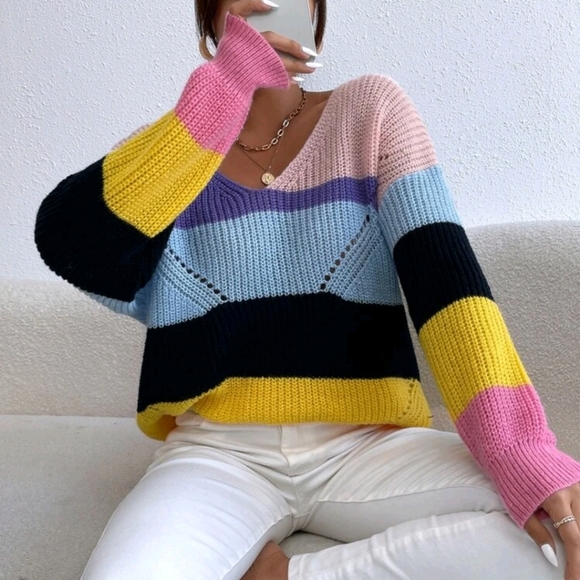 V-neck Colorblock Sweater Blouse - Picture 5 of 7